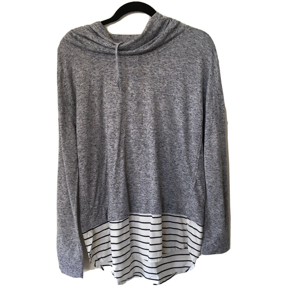 Caslon‎ Funnel Neck Pullover Sweater Lightweight Gray W/ White Stripes Sz Small